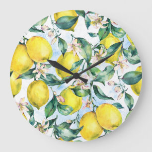 Aquarell-Zitronen, frischer Zitruszweig. Große Wanduhr