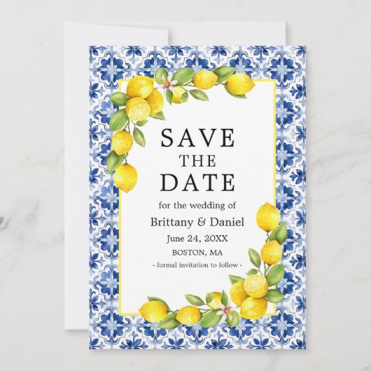 Aquarell-Zitronen Grünzeug Blaue Fliesen Save The Date (Vorderseite)