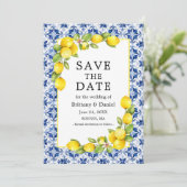 Aquarell-Zitronen Grünzeug Blaue Fliesen Save The Date (Stehend Vorderseite)