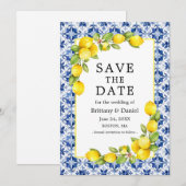 Aquarell-Zitronen Grünzeug Blaue Fliesen Save The Date (Vorne/Hinten)