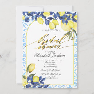 Aquarell-Zitronen Italienische Blaue Fliesen Braut Einladung