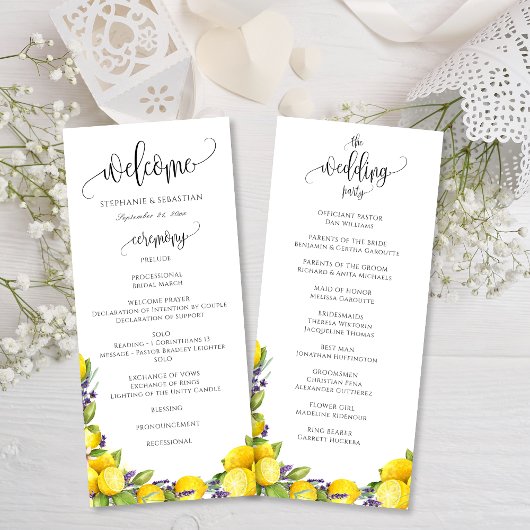 Aquarell-Zitronen-Lavendel-Boho-Hochzeitsprogramm