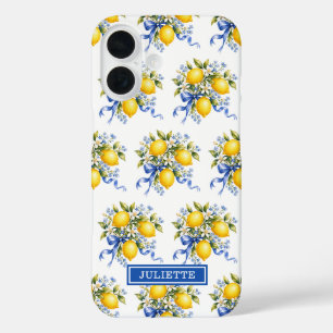 Aquarell-Zitronen mit blauen Blumen monogrammiert iPhone 16 Hülle