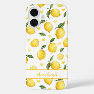 Aquarell-Zitronen mit monogrammierten Herzen iPhone 16 Hülle