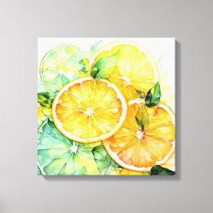 Aquarell-Zitronen-Orange-Lime-Botanik-Küche Leinwanddruck