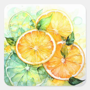 Aquarell-Zitronen-Orange-Lime-Botanik-Küche Quadratischer Aufkleber