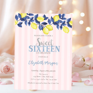 Aquarell-Zitronen Rosa Gestreift Sweet 16 Einladung