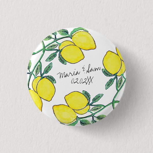 Aquarell-Zitronen-Script-Hochzeit   Button (Vorderseite)