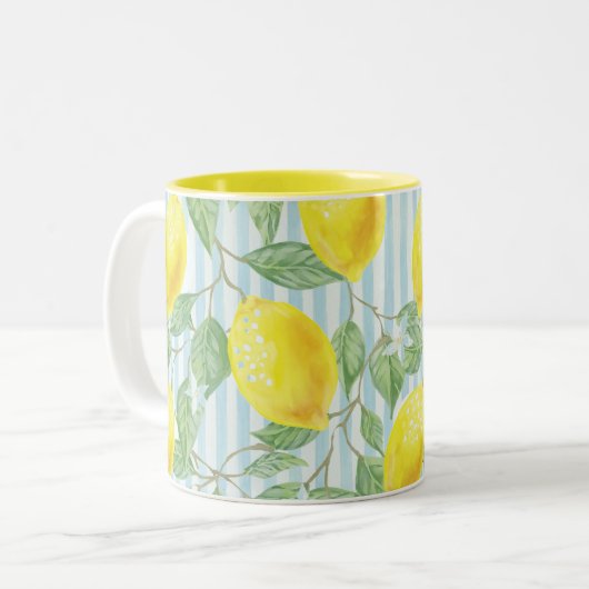 Aquarell-Zitronen und blaue Streifen Zweifarbige Tasse (Vorderseite Links)