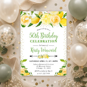 Aquarell-Zitronen und Blumen 50. Geburtstag Einladung