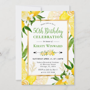 Aquarell-Zitronen und Blumen 50. Geburtstag Einladung
