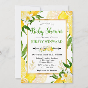 Aquarell-Zitronen und Blumen-Baby-Party Einladung