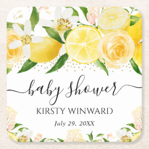 Aquarell-Zitronen und Blumen-Baby-Party Rechteckiger Pappuntersetzer