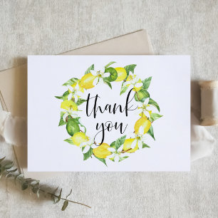 Aquarell-Zitronen- und Blütenkranz-Hochzeit Dankeskarte