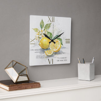 Aquarell-Zitronen-Zitrusfrucht mit Blüten Quadratische Wanduhr