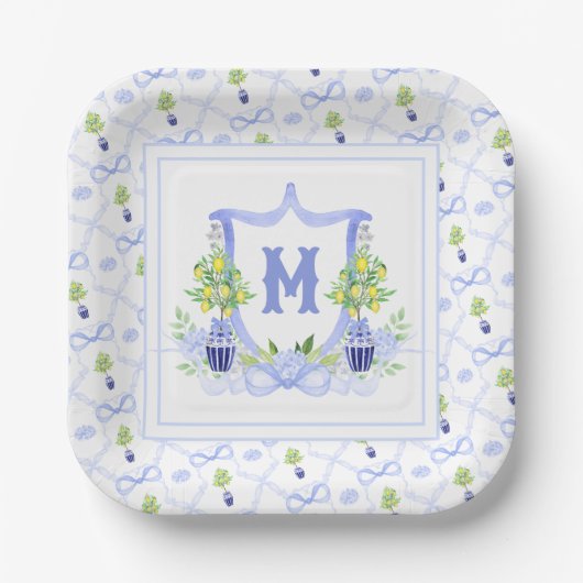 Aquarell-Zitronenbaum-Monogrammwappen Pappteller (Vorderseite)
