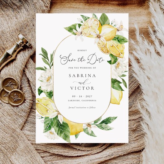 Aquarell Zitrusfrüchte Grünpflanzen Save the Date Einladung