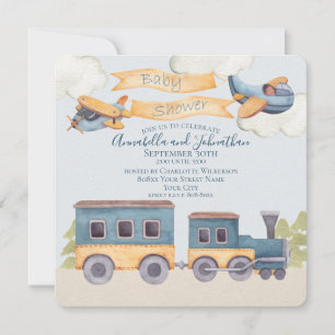 Aquarell-Zug und Flugzeuge Baby Junge Blau Einladung