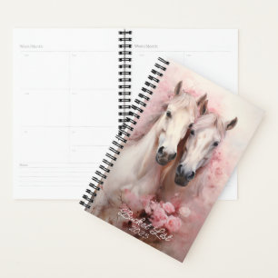 Aquarell Zwei weiße Pferde Rosa Flora Planer