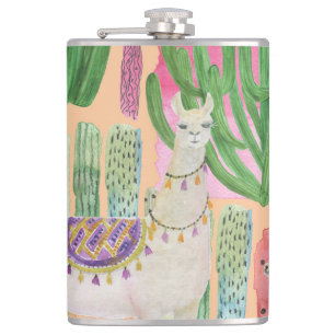 Aquarellamas, Kakteen: nahtloses Muster. Flachmann