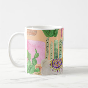 Aquarellamas, Kakteen: nahtloses Muster. Kaffeetasse