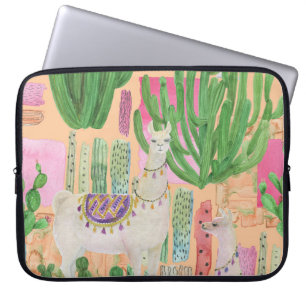Aquarellamas, Kakteen: nahtloses Muster. Laptopschutzhülle