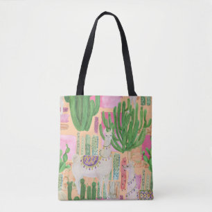Aquarellamas, Kakteen: nahtloses Muster. Tasche