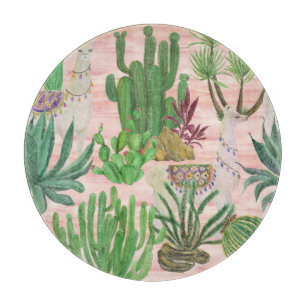 Aquarellamas und Kakteen-Muster. Schneidebrett