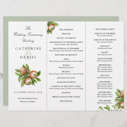 Aquarelläpfel dreifaches Hochzeitsprogramm (Vorne/Hinten)