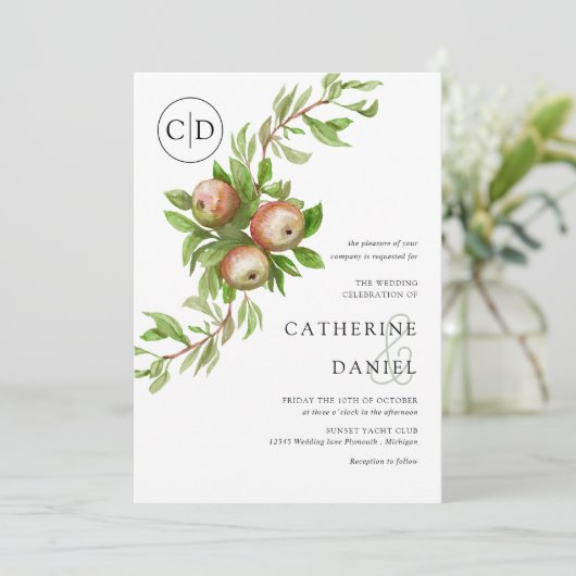 Aquarelläpfel mit Monogramm Hochzeit Einladung (Stehend Vorderseite)