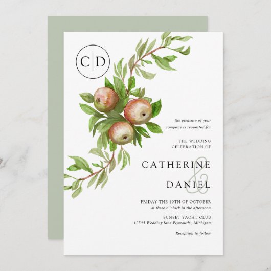 Aquarelläpfel mit Monogramm Hochzeit Einladung (Vorne/Hinten)