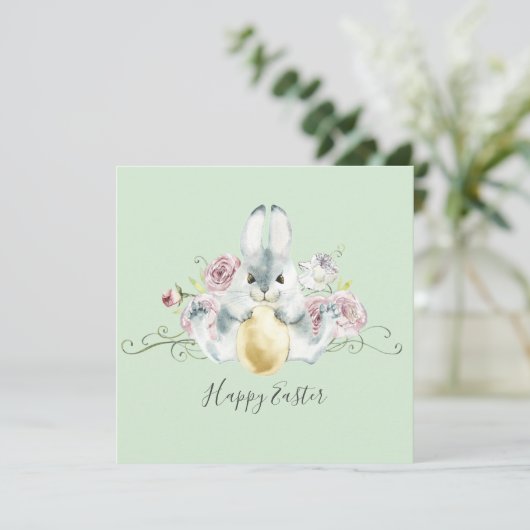 Aquarellbad Bunny & Blume Ostern Karte (Stehend Vorderseite)