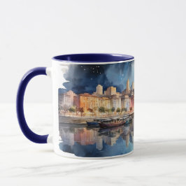 Aquarellbad City Night View mit See, Fischerboot Tasse