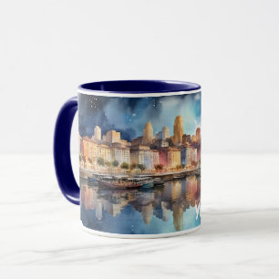 Aquarellbad City Night View mit See, Fischerboot Tasse