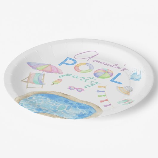 Aquarellbad Geburtstagsparty Pool Pappteller (Schrägansicht)