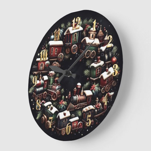 Aquarellbahn auf Schwarzen Weihnachten Große Wanduhr (Winkel)