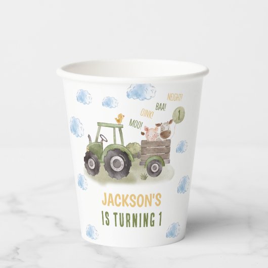 Aquarellbahn Bauernhof 1. Geburtstag Pappbecher (Vorderseite)
