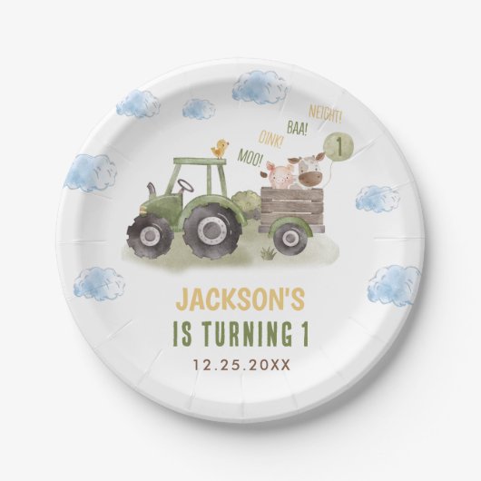 Aquarellbahn Bauernhof 1. Geburtstag Pappteller (Vorderseite)