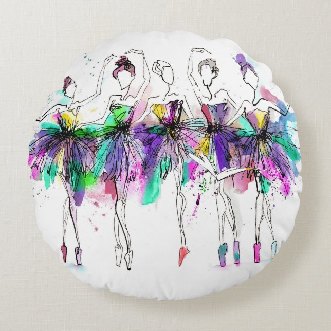 Aquarellballerinas: Illustration des hellen Tanzes Rundes Kissen (Vorderseite)