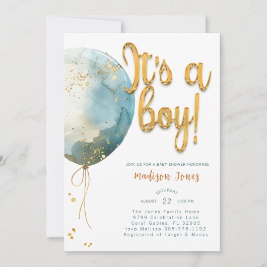 Aquarellballon Es ist eine Baby-Dusche Einladung (Vorderseite)