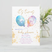 Aquarellballon Pink Blue Twin Baby Dusche Einladung (Stehend Vorderseite)