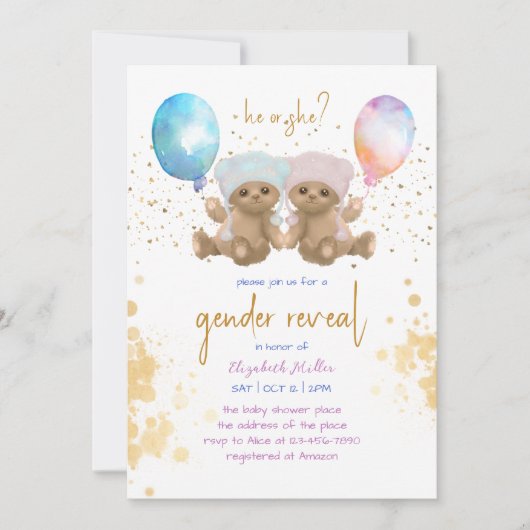 Aquarellballon Teddy Bear Funny Gender Reveal Einladung (Vorderseite)