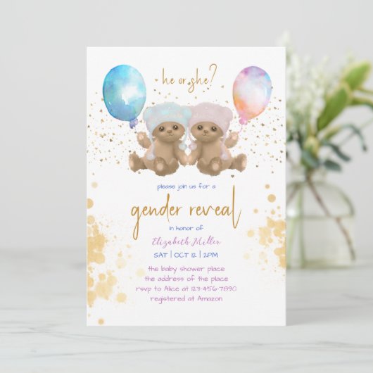 Aquarellballon Teddy Bear Funny Gender Reveal Einladung (Stehend Vorderseite)