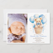 Aquarellballon, Teddybär, Foto Boy Taufe Einladung (Vorderseite)
