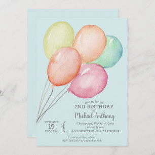 Aquarellballons auf Blue Birthday Einladungen