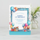Aquarellballons Boys 1. Geburtstag Einladung (Stehend Vorderseite)