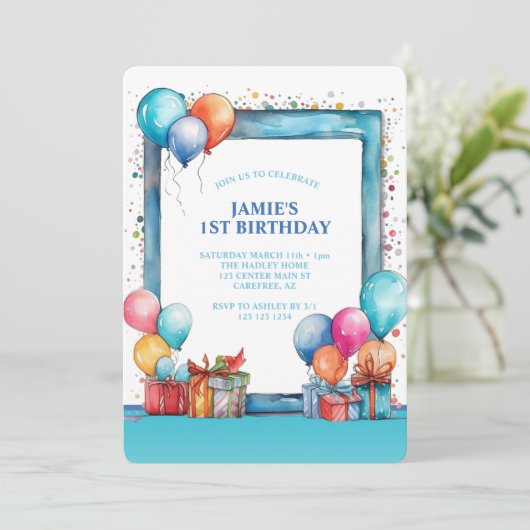 Aquarellballons Boys 1. Geburtstag Einladung (Stehend Vorderseite)