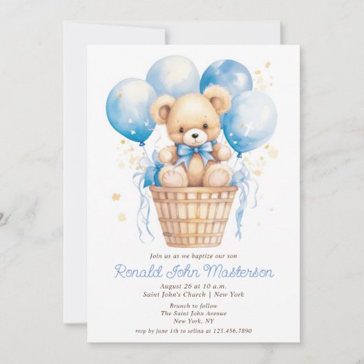 Aquarellballons mit Teddy Bären Boy Taufe Einladung (Vorderseite)