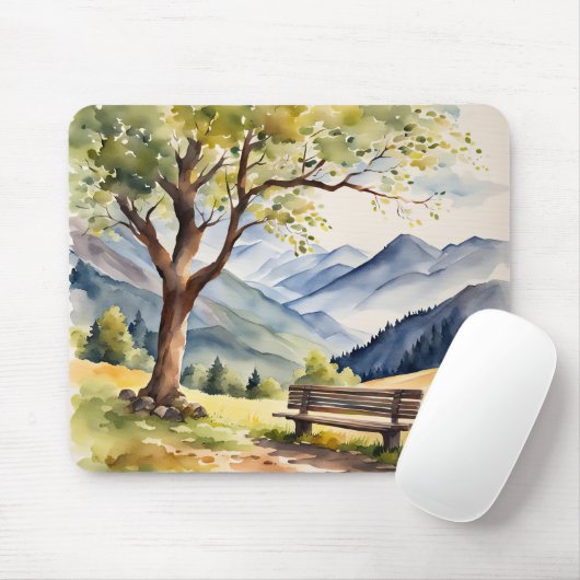 Aquarellbank und Gebirgslandschaft Mousepad (Mit Mouse)