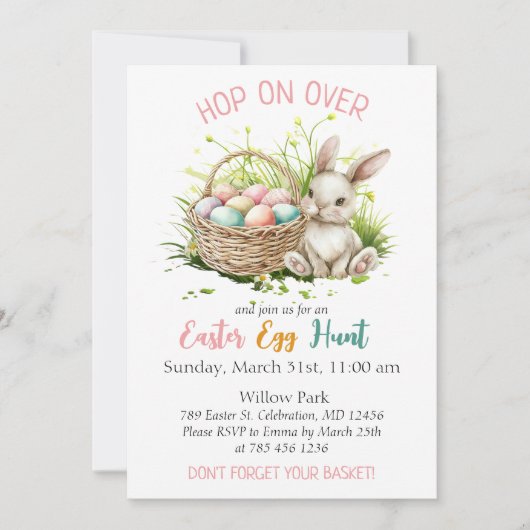 Aquarellbär Bunny + Basket|Ostereier Jagd Rosa Einladung (Vorderseite)